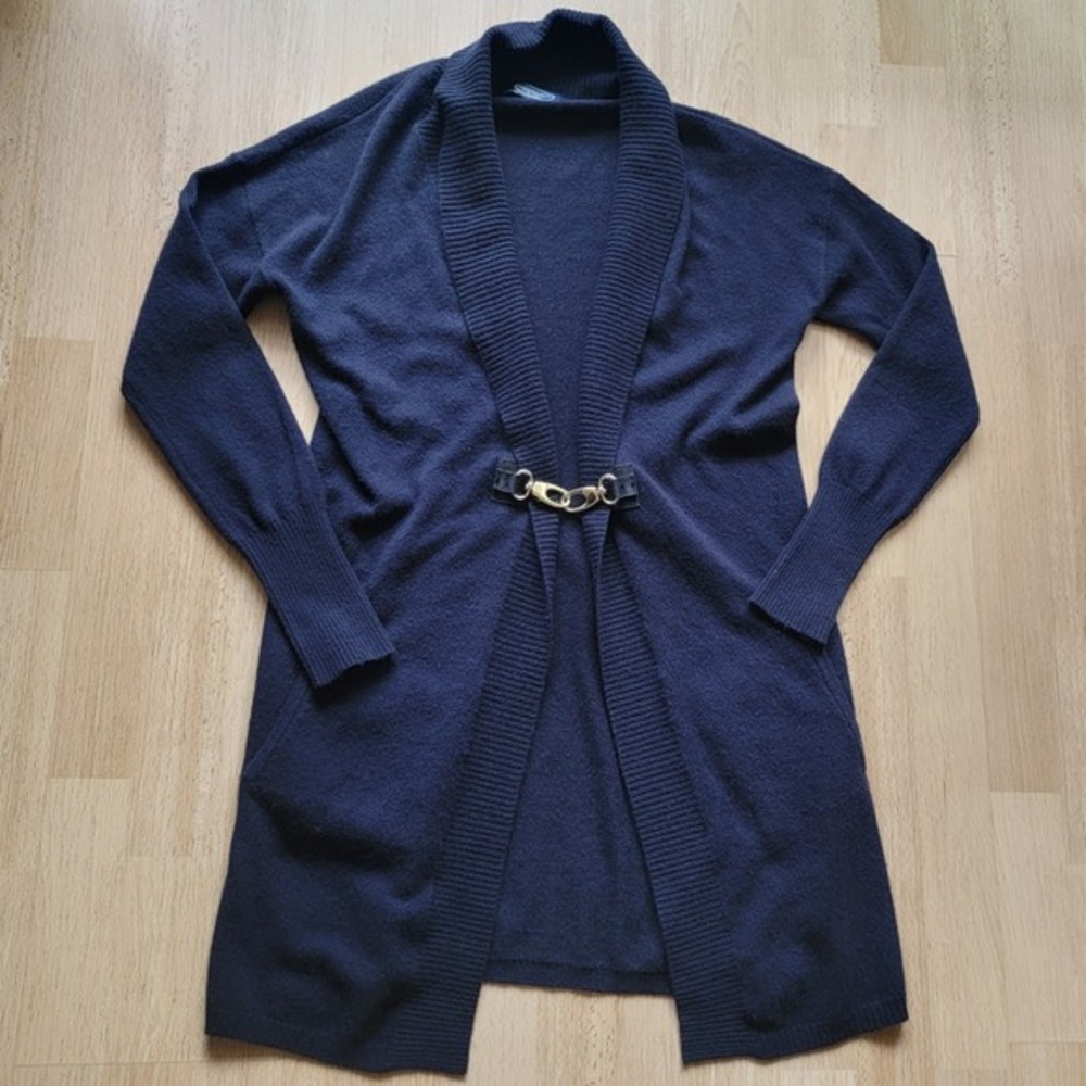 Magaschoni New York Navy Blue‎ 100% Cashmere Longline Toggle Cardigan Sweater S